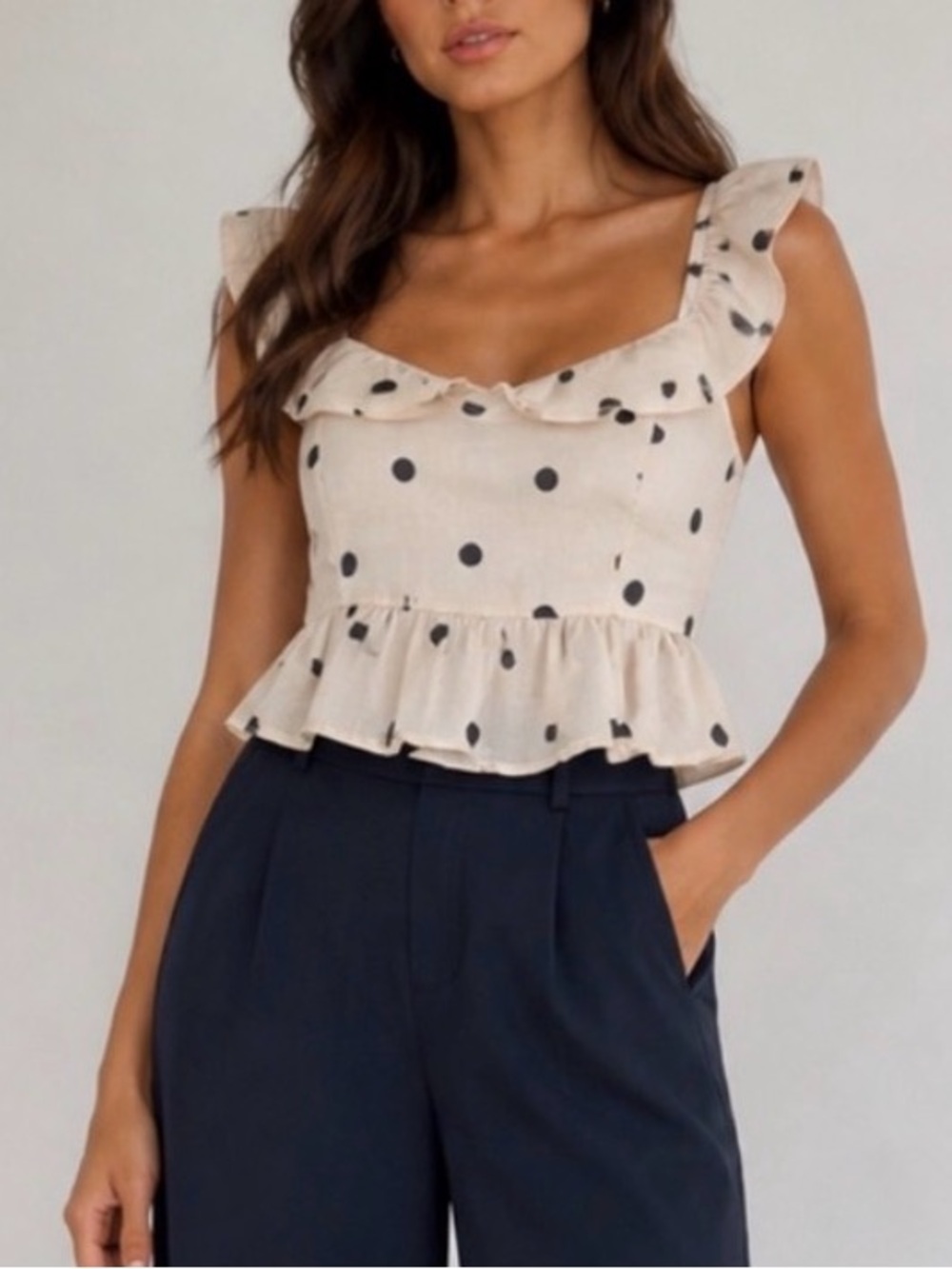 Altar'd State Cream Polka Dot Ruffle Crop Top